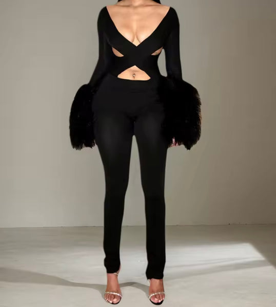Women Sexy Fur Full Sleeve Cut Out Jumpsuit