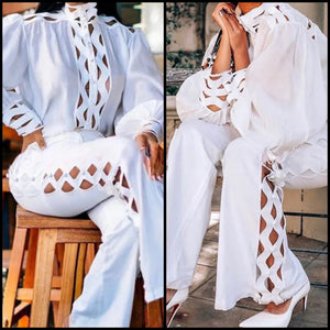 Women White Sexy Cut Out Full Sleeve Two Piece Pant Set