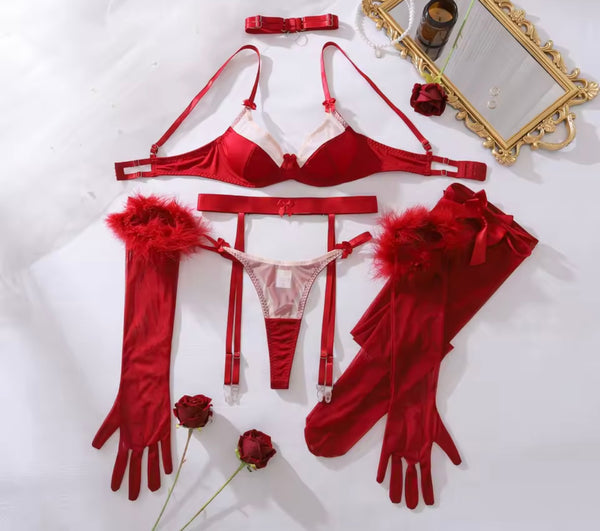 Women Sexy Burgundy Mesh Choker Lingerie Set