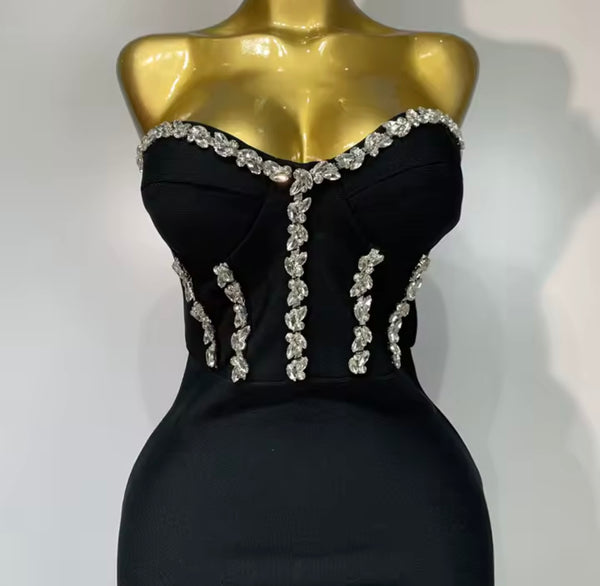 Women Black Sexy Rhinestone Strapless Mesh Patchwork Dress
