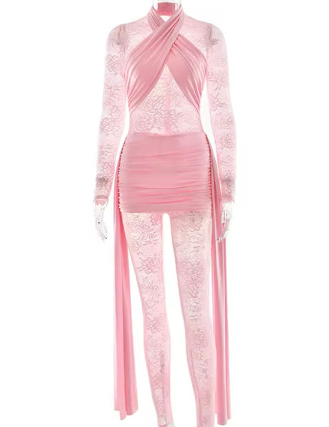 Women Sexy Full Sleeve Color Lace Ribbon Jumpsuit