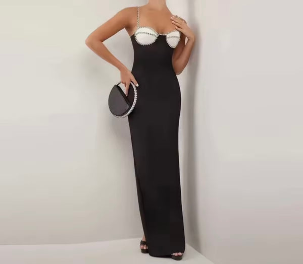 Women Sexy Rhinestone Color Patchwork Sleeveless Maxi Dress