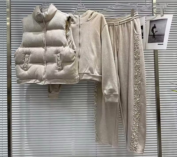 Women Bling Velour Tracksuit Puff Vest Three Piece Pant Set