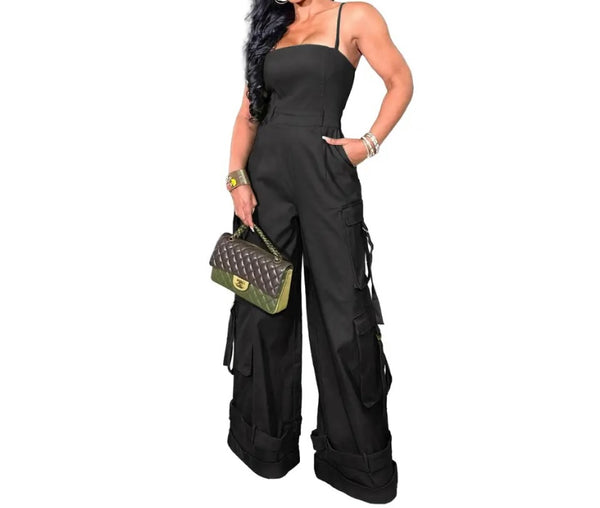 Women Sexy Sleeveless Buckled Cargo Wide Leg Jumpsuit