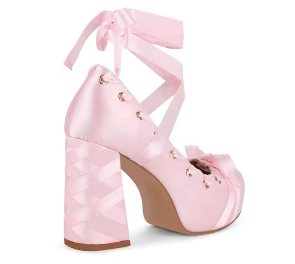 Women Fashion Square Toe Satin Bow Ribbon Lace Up High Heels