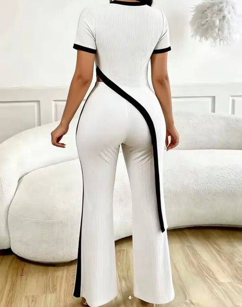 Women Striped Asymmetrical Short Sleeve Two Piece Pant Set