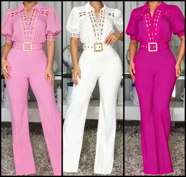 Women Collar Short Sleeve Belted Fashion Jumpsuit