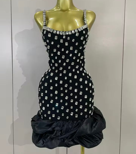 Women Sexy Sleeveless Ruffled Rhinestone Bandage Dress