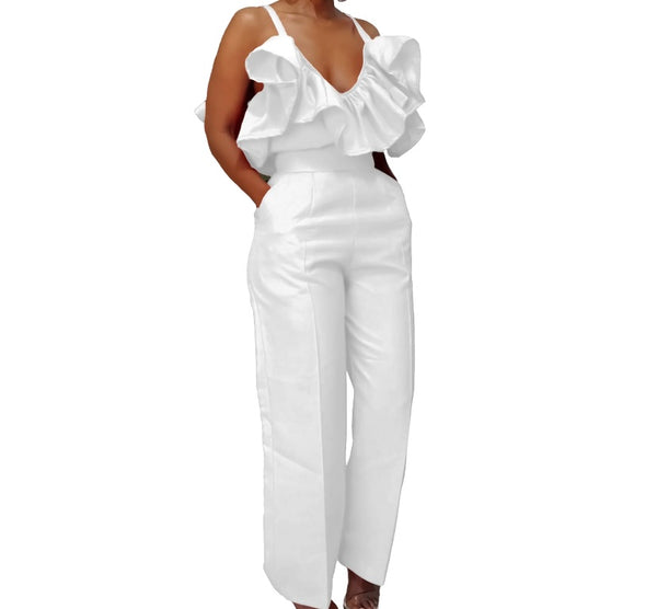 Women Sexy Sleeveless Ruffled Solid Color Two Piece Pant Set