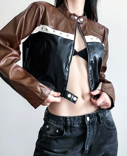 Women Fashion Color Patchwork Faux Leather Crop Jacket