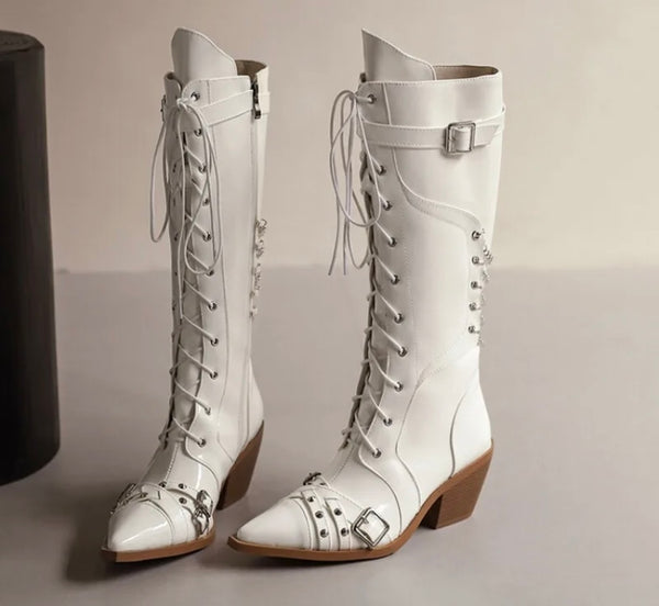 Women Fashion Pointed Toe Buckled Chain Lace Up Knee High Boots