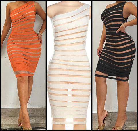 Women Sexy One Shoulder Sleeveless See Through Dress
