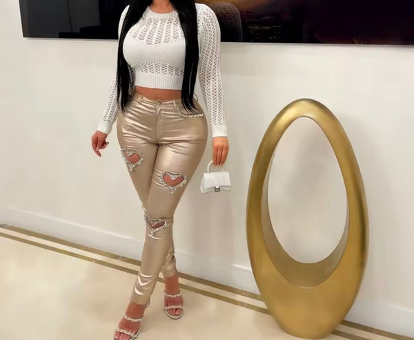Women Fashion Rhinestone Heart Cut Out PU Pants