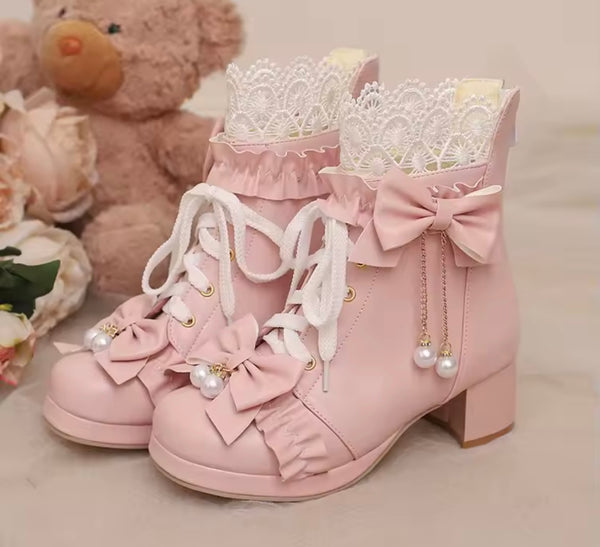 Women Fashion Lace Up Pearl Bow Ankle Boots