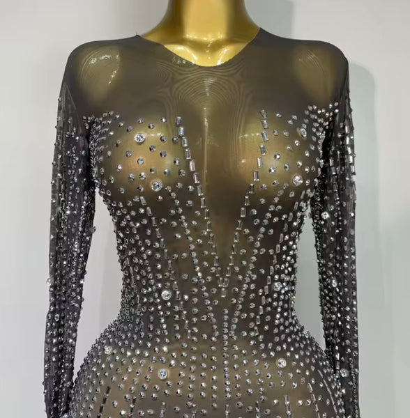 Women Sexy Black Rhinestone Full Sleeve Mesh Maxi Dress