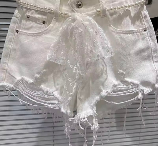 Women White Ripped Fashion Denim Shorts