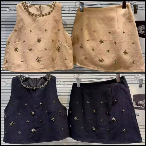 Women Beaded Sleeveless Two Piece Skirt Set