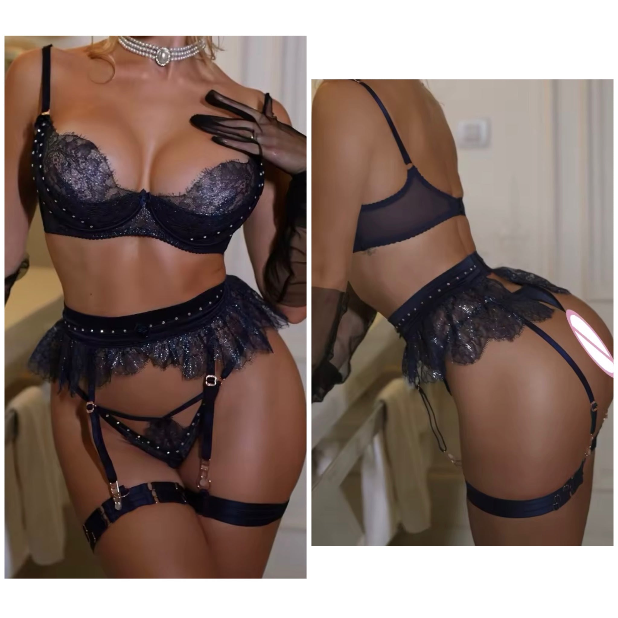 Women Sexy Blue Bling Lace Lingerie Set