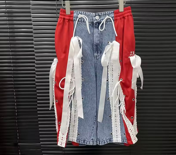 Women Fashion Color Patchwork Lace Tie Up Denim Capri Pants