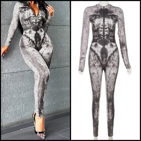 Women Printed Front Zipper Fashion Full Sleeve Jumpsuit