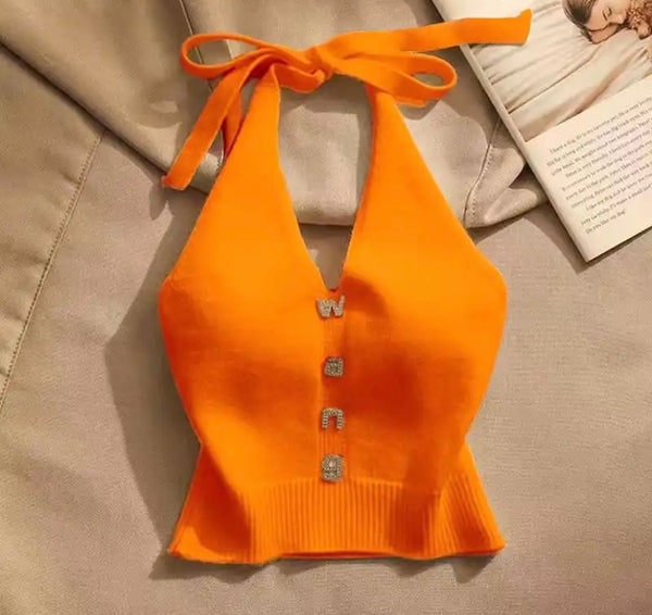 Women Fashion Sleeveless Halter Bling Letter Print Crop Top