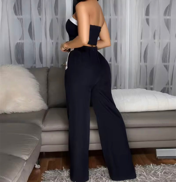 Women Sexy Button Up Strapless Color Patchwork Two Piece Pant Set