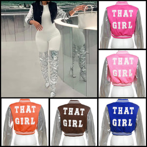 Women Fashion Letter Print Silver Sleeve Button Up Varsity Jacket