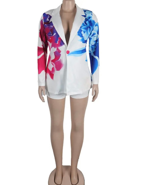 Women Sexy Fashion Printed Full Sleeve Blazer Two Piece Short Set