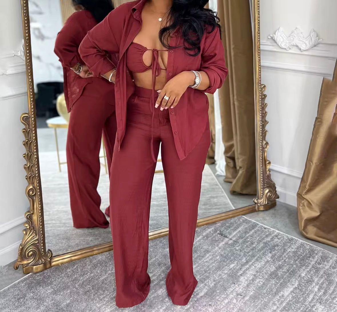 Women Color Sexy Full Sleeve Three Piece Pant Set
