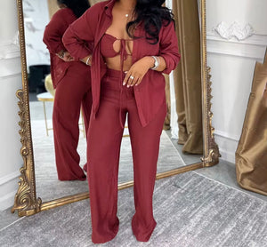 Women Color Sexy Full Sleeve Three Piece Pant Set