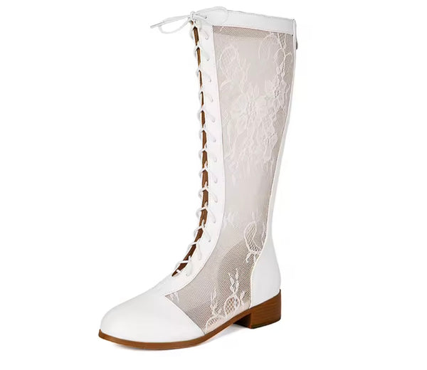 Women Fashion Lace Patchwork Tie Up Flat Boots