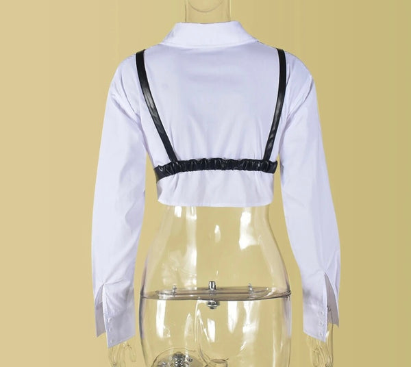 Women B&W Fashion Full Sleeve Faux Leather Two Piece Top Set