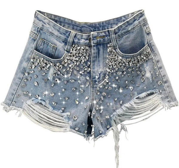 Women Fashion Ripped Rhinestone Patchwork Denim Shorts