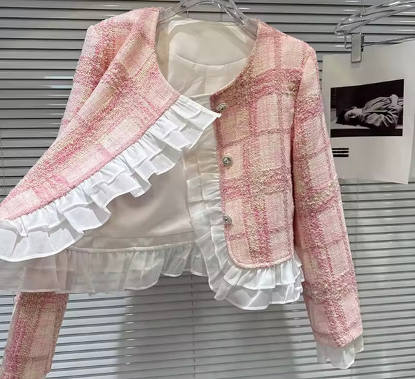 Women Pink Plaid Ruffled Blazer Tweed Two Piece Pant Set