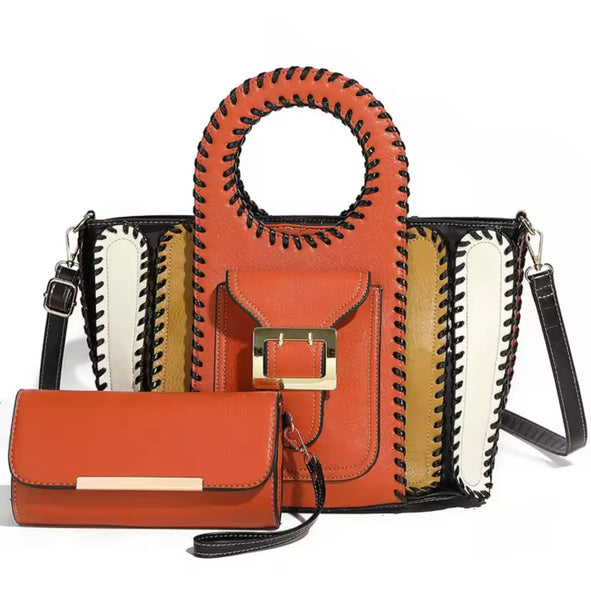 Women Fashion Color Patchwork Buckled Wallet Purse Set