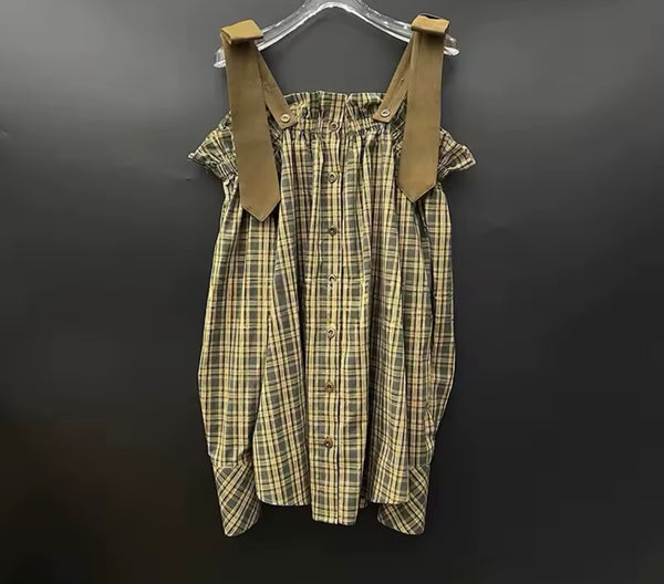 Women Strap Off The Shoulder Plaid Full Sleeve Two Piece Skirt Set