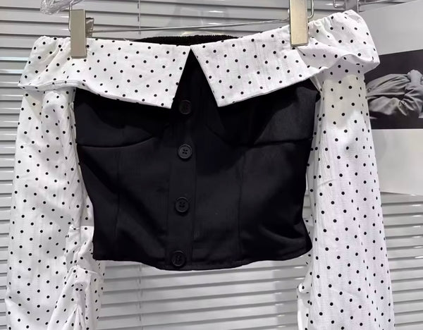 Women Fashion Polka Dot Off The Shoulder Full Sleeve Two Piece Pant Set