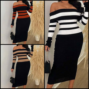 Women Sexy Striped Off The Shoulder Full Sleeve Maxi Dress