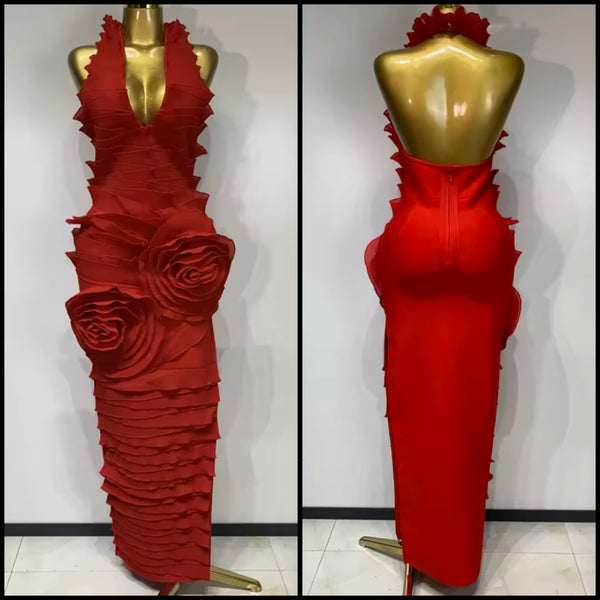 Women Red Sexy Halter Sleeveless Ruffled Maxi Dress