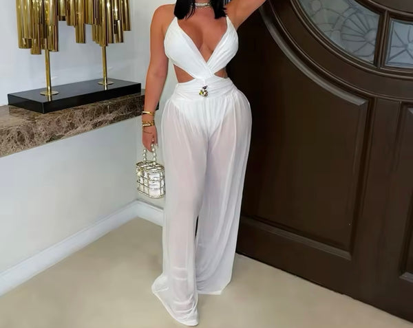 Women Sexy Sleeveless Beaded Mesh Cut Out Jumpsuit