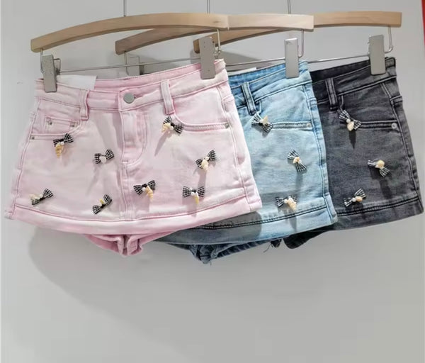 Women Fashion Pearl Plaid Bow Denim Wrap Shorts