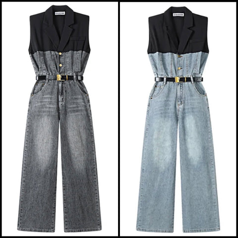 Women Fashion Sleeveless Button Up Denim Jumpsuit