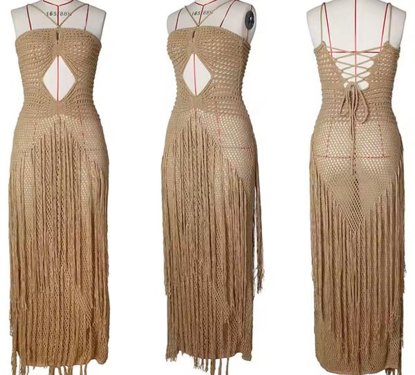 Women Sexy Halter Sleeveless Knitted Tassel Maxi Dress