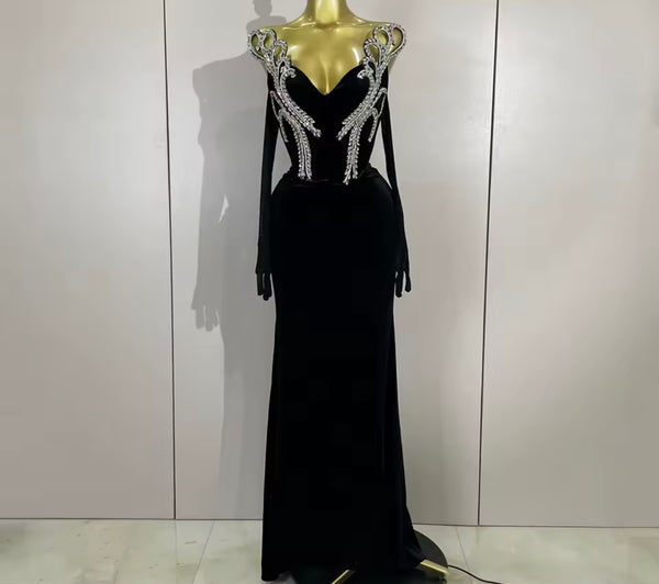 Women Sexy Strapless Rhinestone Black Velour Maxi Dress