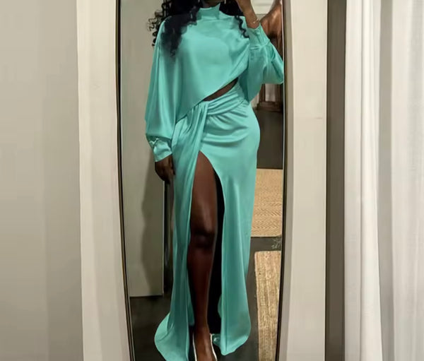 Women Sexy Full Sleeve Ruched Split Two Piece Maxi Skirt Set