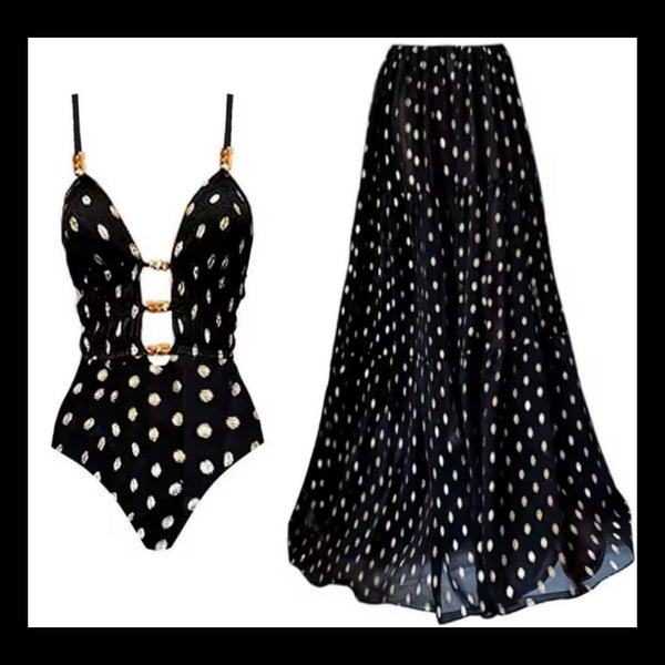 Women Black Polka Dot Sexy Swimsuit Cover Up Set