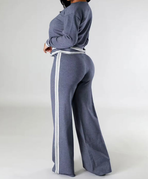Women Solid Color Striped Patchwork Full Sleeve Two Piece Pant Set