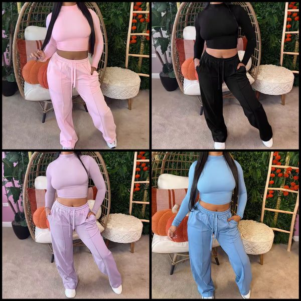 Women Fashion Solid Color Full Sleeve Two Piece Pant Set