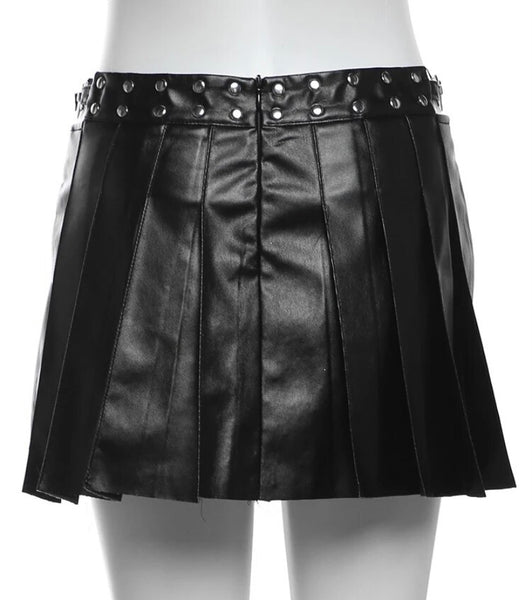 Women Sexy Strapless Black Rivet Buckled Faux Leather Two Piece Skirt Set