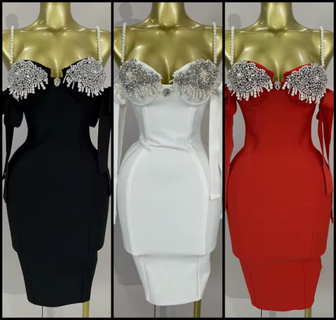 Women Sexy Pearl Rhinestone Sleeveless Bandage Dress